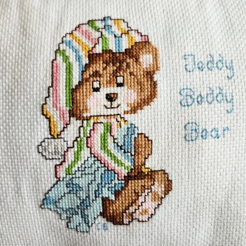 Vintage 80s Teddy Beddy Bear Cross Stitch Baby Pillow – Retro Nursery Décor